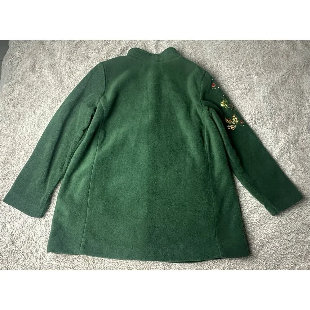 Bob Mackie Embroidered Fleece Jacket Green Button Front Fall Leaves Women’s XL